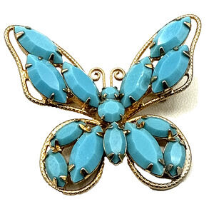 Vintage Butterfly Brooch Faux Turquoise Blue Navette Gold Tone